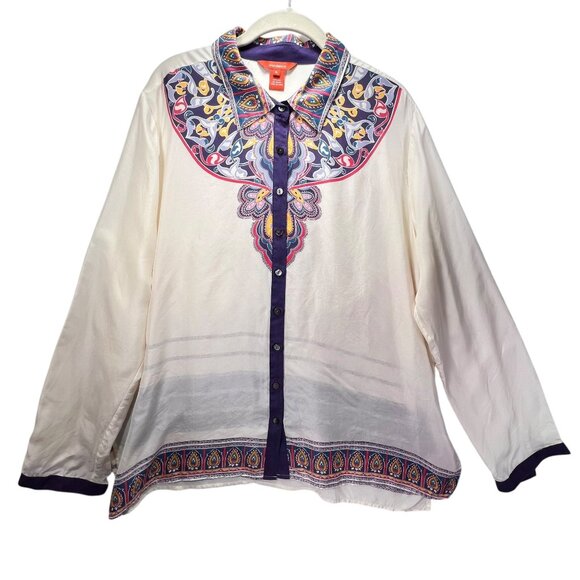 Sundance Tops - Sundance XL 100% Silk Button Up Blouse Ivory Whimsical Paisley Semi Sheer Collar